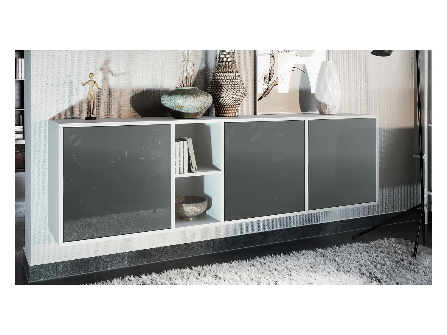 Commode Cuba - blanc mat/gris haute brillance - Buffet moderne pour votre salon - (LxHxP) 182x53x35 cm
