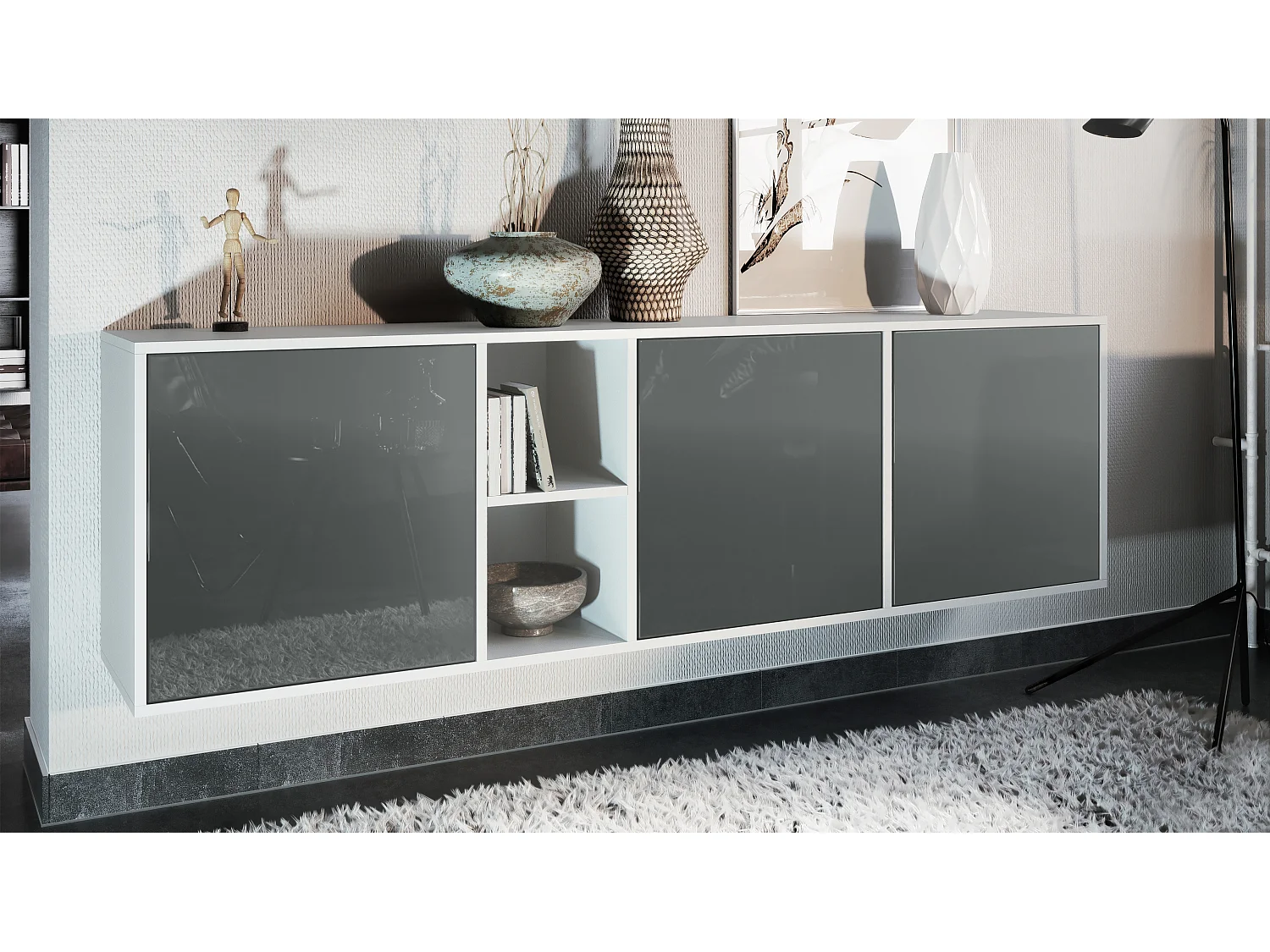 Commode Cuba - blanc mat/gris haute brillance - Buffet moderne pour votre salon - (LxHxP) 182x53x35 cm