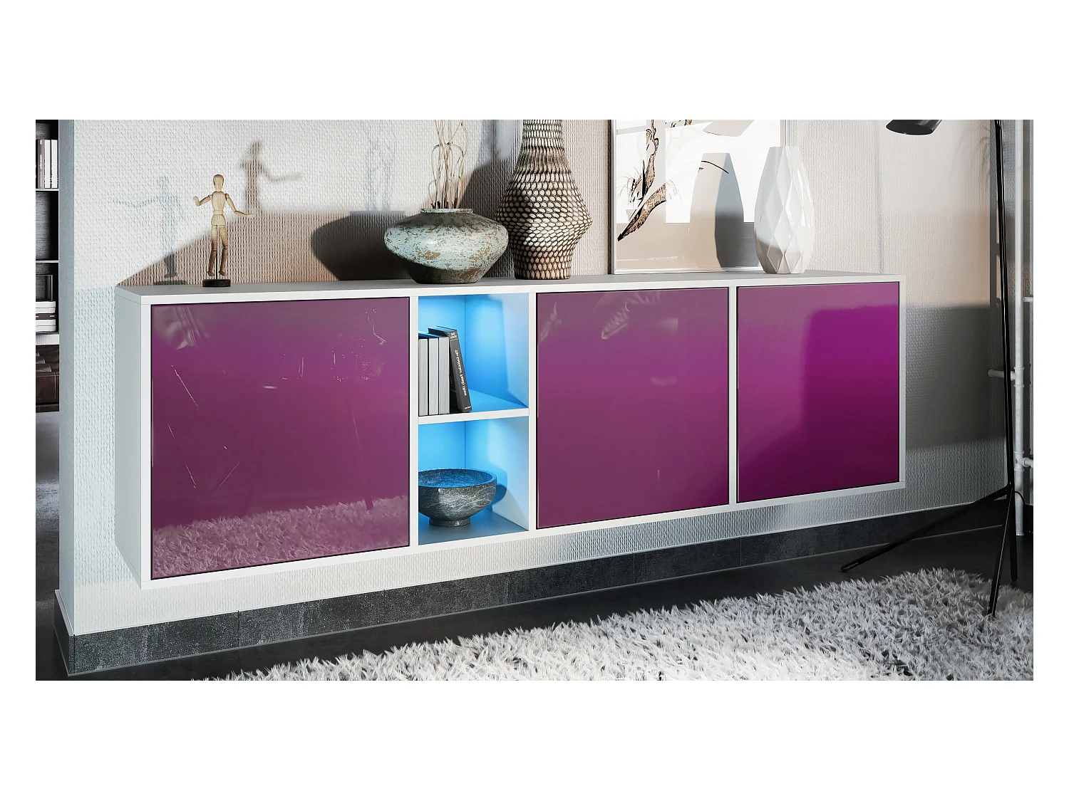 Commode Cuba - blanc mat/mûre haute brillance y compris LED - Buffet moderne pour votre salon - (LxHxP) 182x53x35 cm