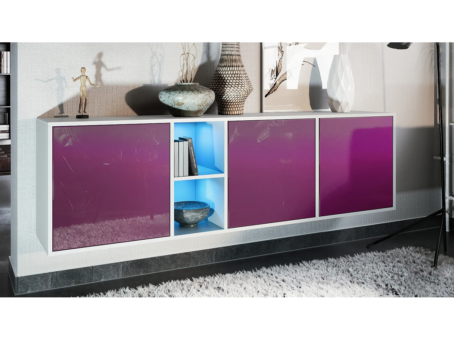 Commode Cuba - blanc mat/mûre haute brillance y compris LED - Buffet moderne pour votre salon - (LxHxP) 182x53x35 cm