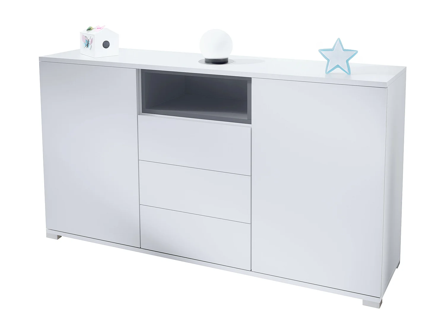 Skadu V2 Buffet, Commode avec 2 portes, 3 tiroirs et 1 compartiment ouvert, blanc mat/anthracite mat (138,5 x 75,5 x 35 cm)