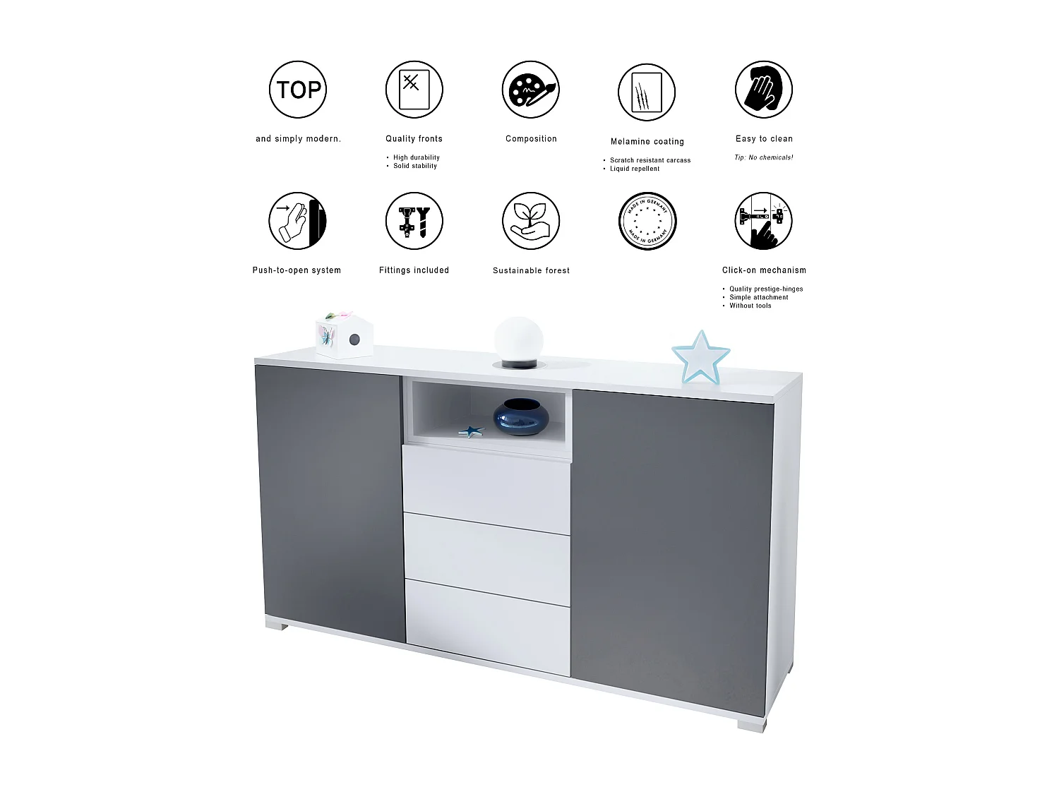 Skadu V2 Buffet, Commode avec 2 portes, 3 tiroirs et 1 compartiment ouvert, blanc mat/anthracite mat (138,5 x 75,5 x 35 cm)