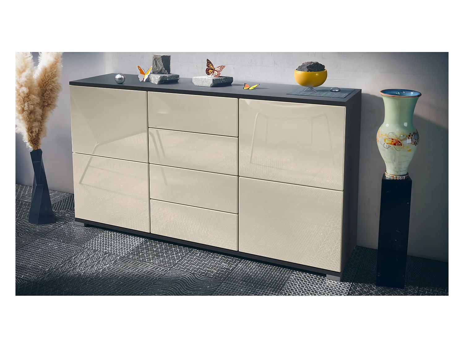 Buffet Rova V1 – Meuble avec 4 Portes et 4 Tiroirs, anthracite mat/crème haute brillance (138,5 x 75,5 x 35)