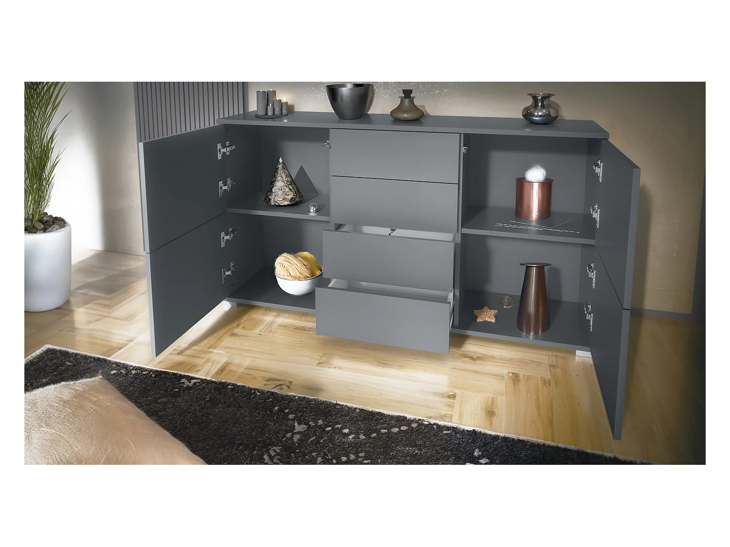 Buffet Rova V1 – Meuble avec 4 Portes et 4 Tiroirs, anthracite mat/crème haute brillance (138,5 x 75,5 x 35)