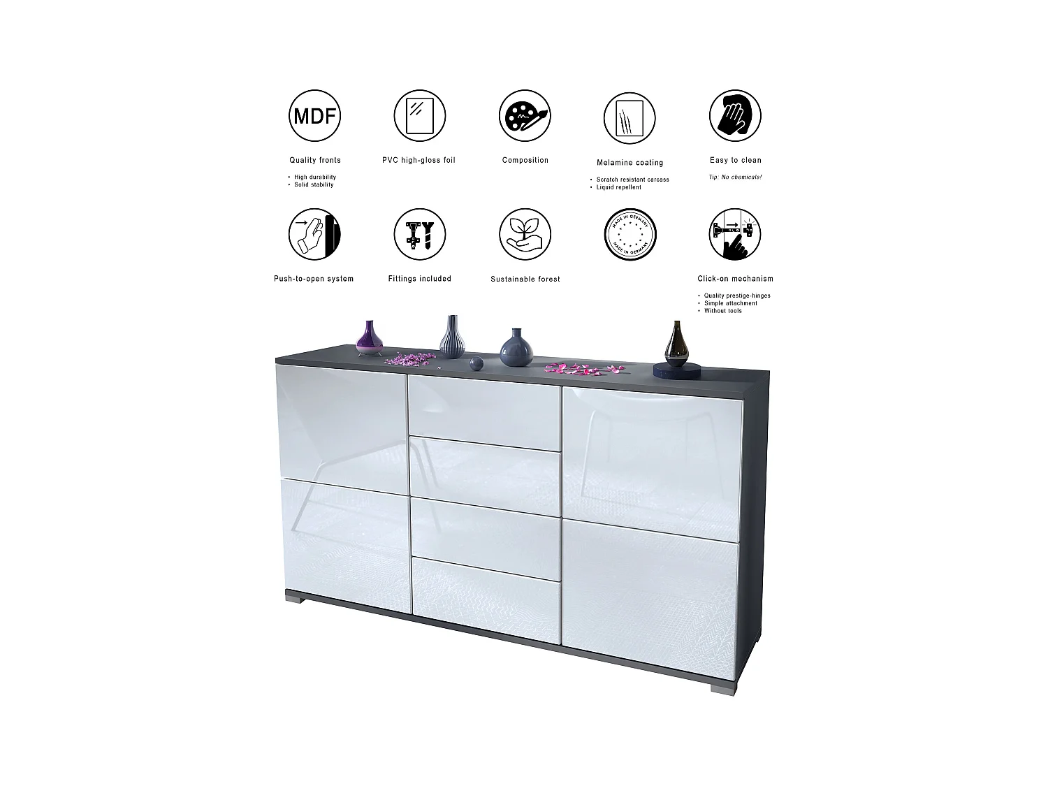 Buffet Rova V1 – Meuble avec 4 Portes et 4 Tiroirs, anthracite mat/crème haute brillance (138,5 x 75,5 x 35)