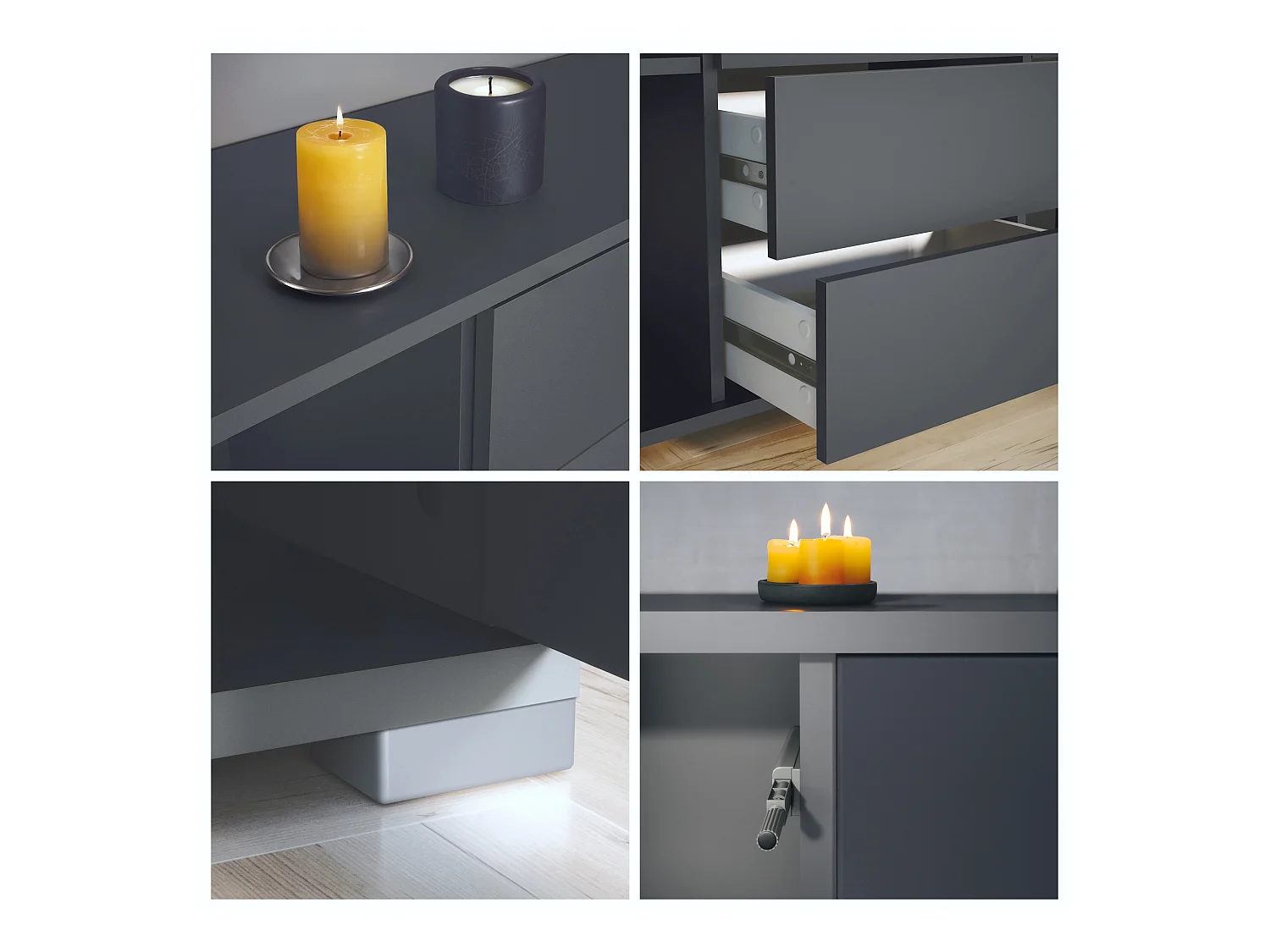 Buffet Rova V1 – Meuble avec 4 Portes et 4 Tiroirs, anthracite mat/crème haute brillance (138,5 x 75,5 x 35)