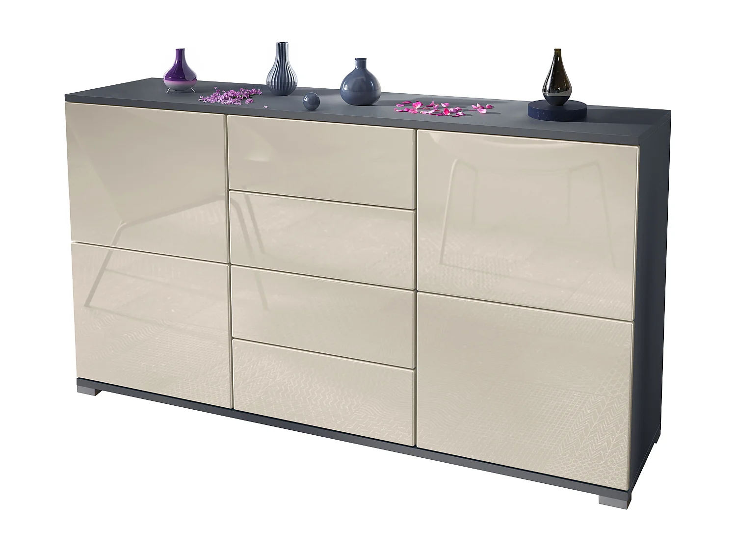 Buffet Rova V1 – Meuble avec 4 Portes et 4 Tiroirs, anthracite mat/crème haute brillance (138,5 x 75,5 x 35)