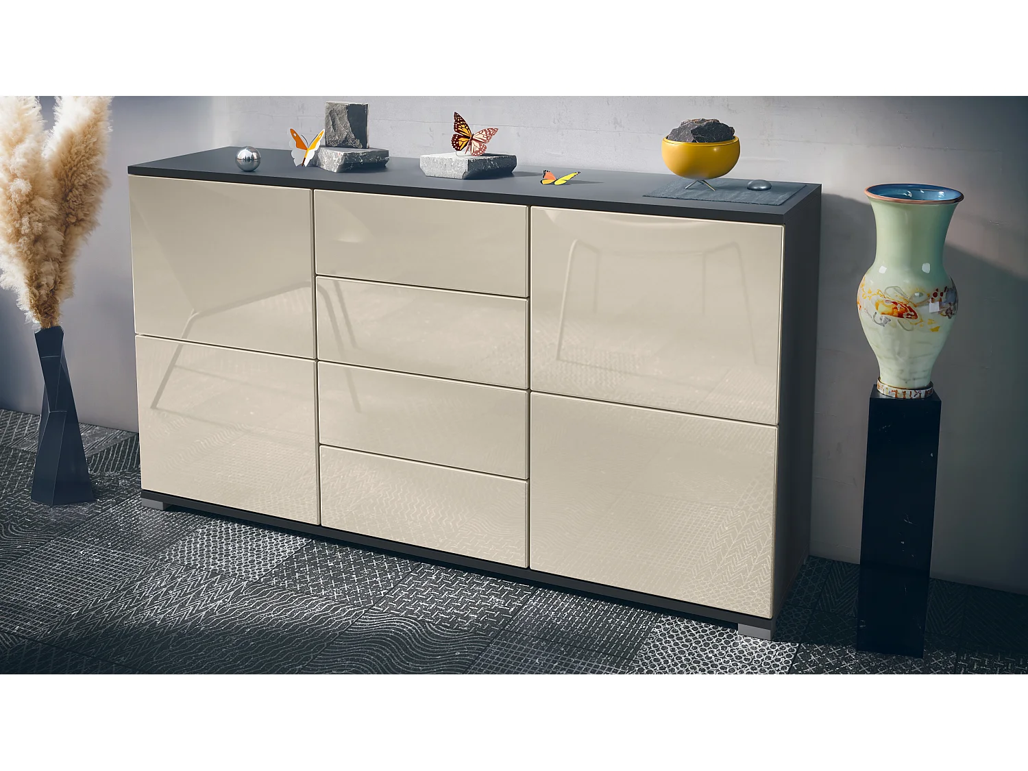 Buffet Rova V1 – Meuble avec 4 Portes et 4 Tiroirs, anthracite mat/crème haute brillance (138,5 x 75,5 x 35)