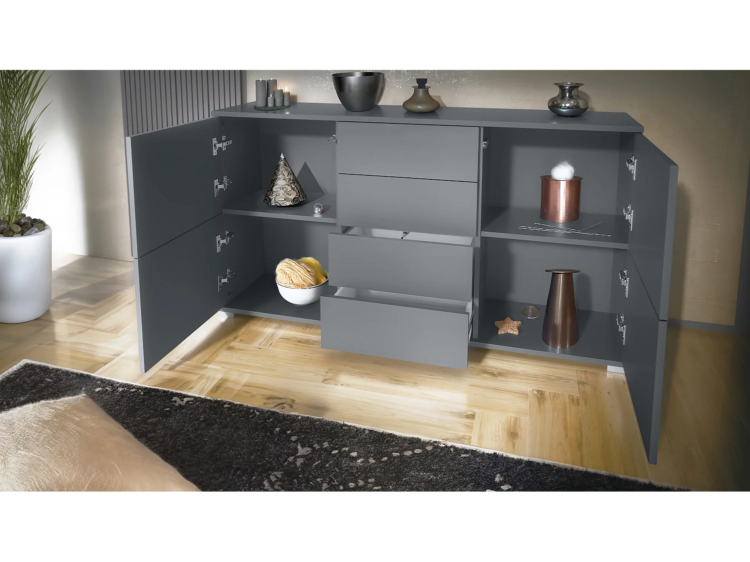 Buffet Rova V1 – Meuble avec 4 Portes et 4 Tiroirs, anthracite mat/crème haute brillance (138,5 x 75,5 x 35)
