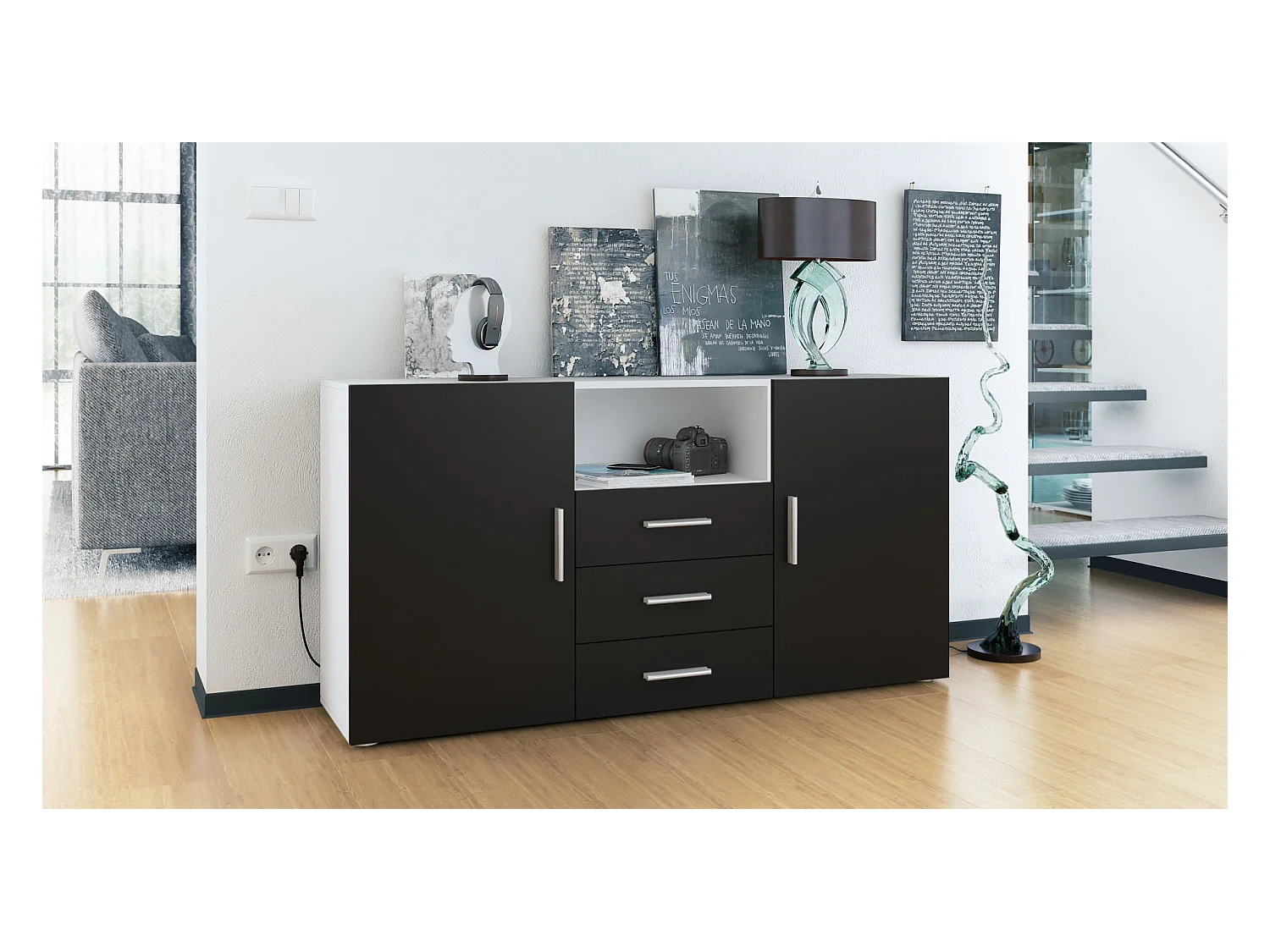 Buffet Skadu, Commode avec 2 portes, 3 tiroirs et 1 compartiment ouvert, blanc mat/noir mat (138,5 x 71,5 x 35 cm)