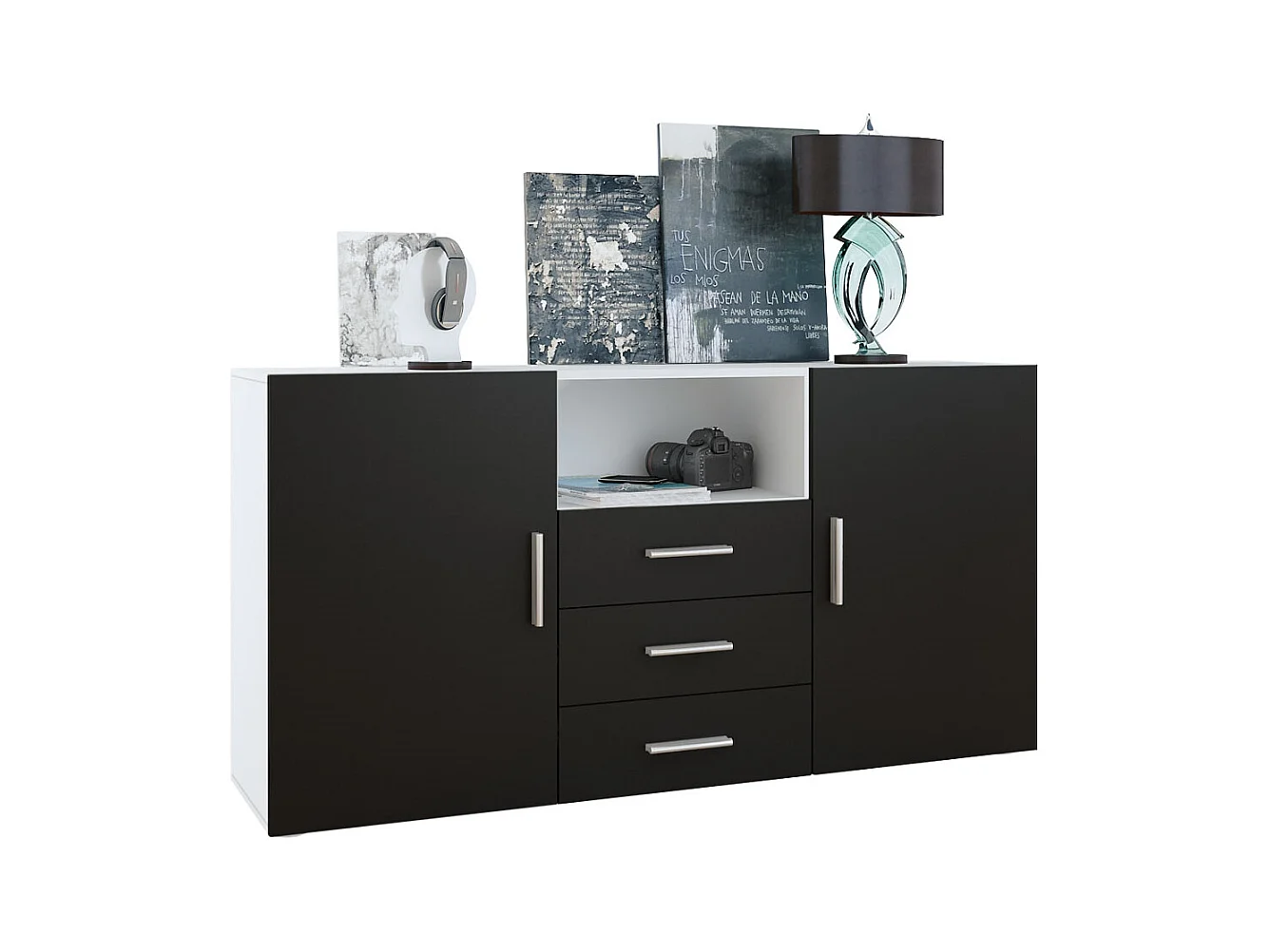 Buffet Skadu, Commode avec 2 portes, 3 tiroirs et 1 compartiment ouvert, blanc mat/noir mat (138,5 x 71,5 x 35 cm)
