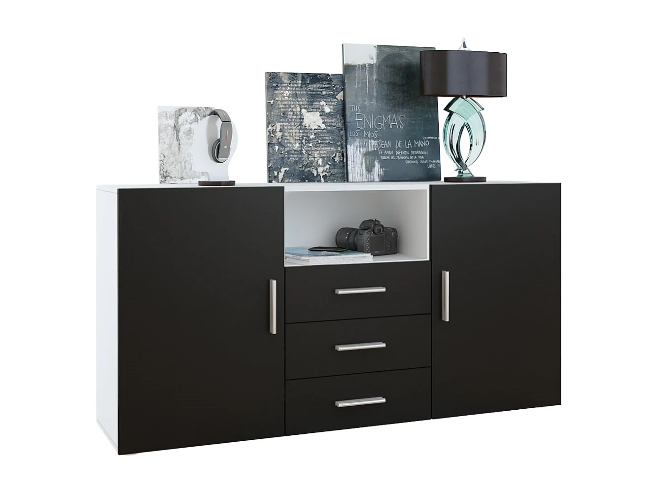 Buffet Skadu, Commode avec 2 portes, 3 tiroirs et 1 compartiment ouvert, blanc mat/noir mat (138,5 x 71,5 x 35 cm)