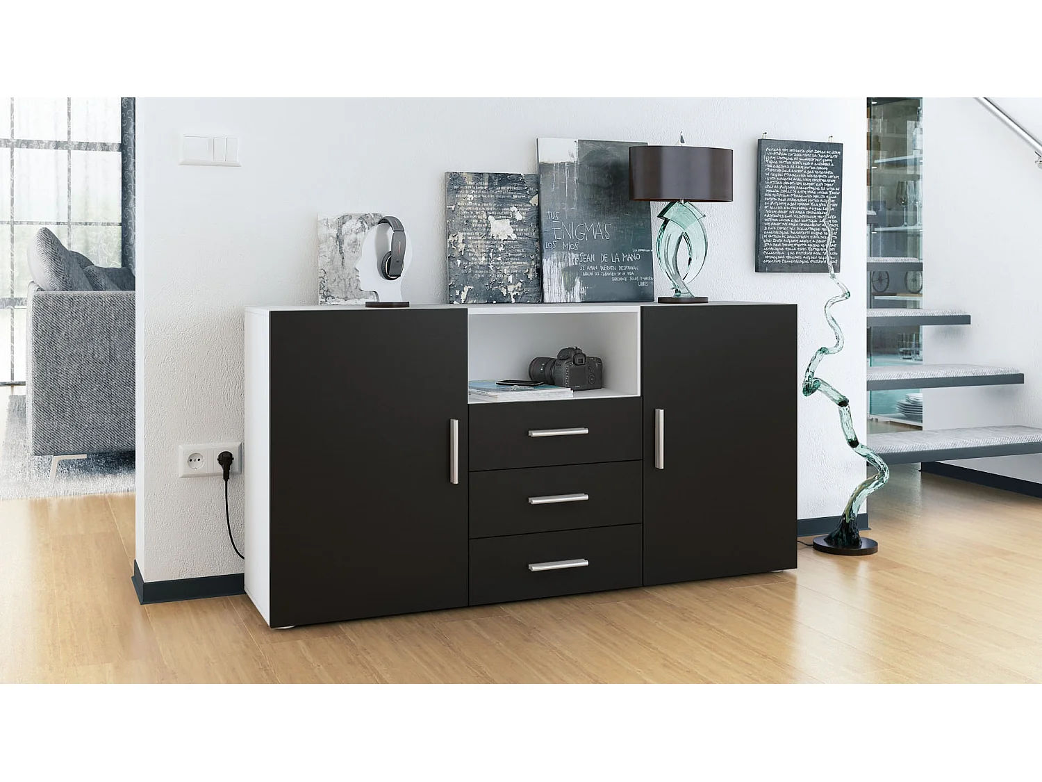 Buffet Skadu, Commode avec 2 portes, 3 tiroirs et 1 compartiment ouvert, blanc mat/noir mat (138,5 x 71,5 x 35 cm)