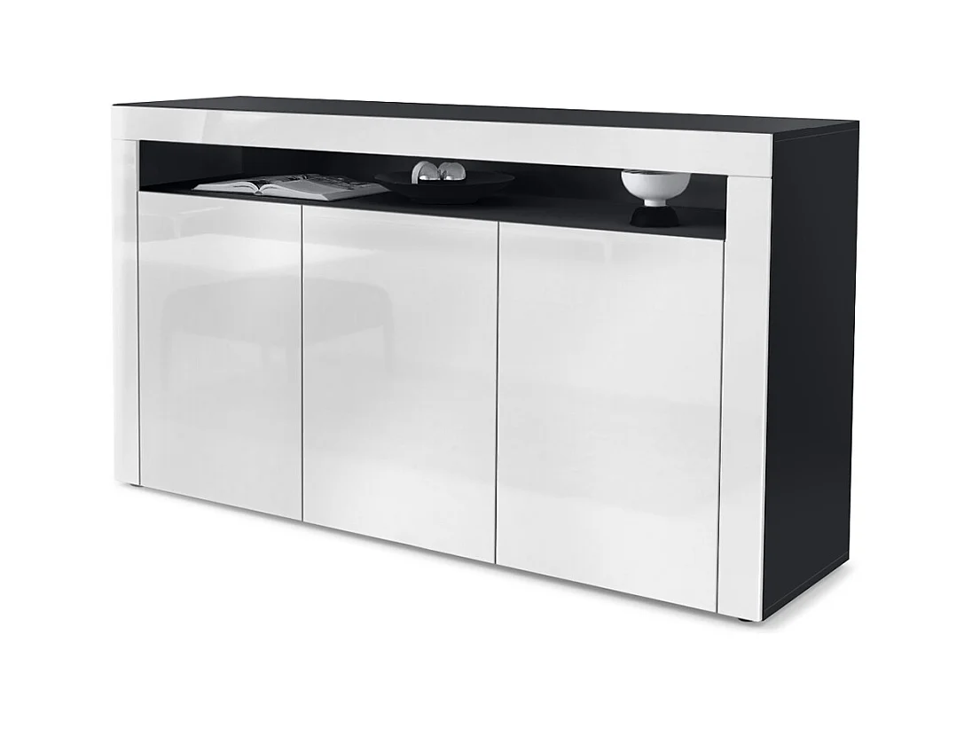 Buffet Valencia, Commode avec 3 portes et 1 compartiment ouvert, Noir mat/blanc haute brillance/blanc haute brillance (155 x 92 x 40 cm)