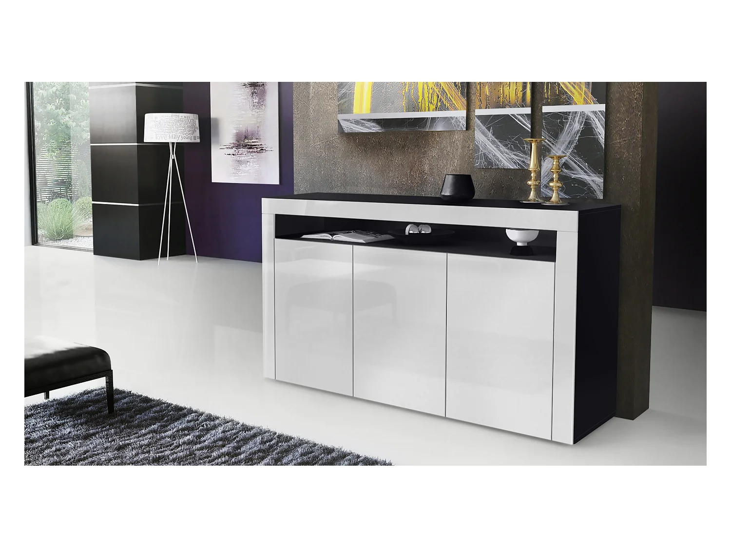 Buffet Valencia, Commode avec 3 portes et 1 compartiment ouvert, Noir mat/blanc haute brillance/blanc haute brillance (155 x 92 x 40 cm)