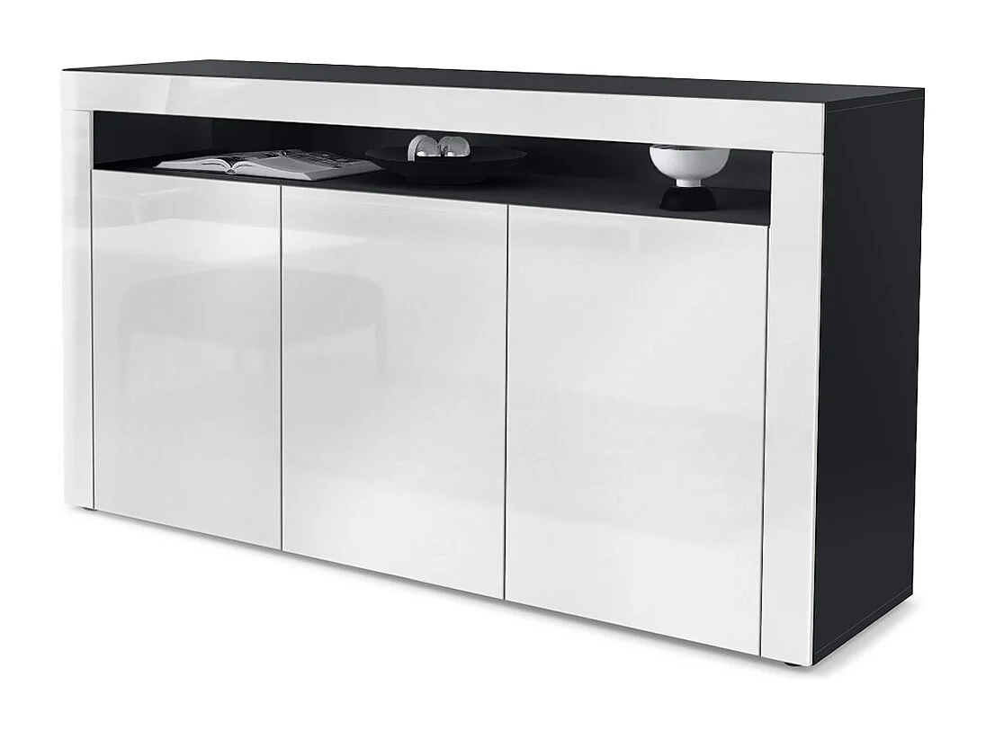 Madia  Valencia, mobile a 3 ante e 1 scomparto aperto, nero opaco/bianco lucido/bianco lucido (155 x 92 x 40 cm)