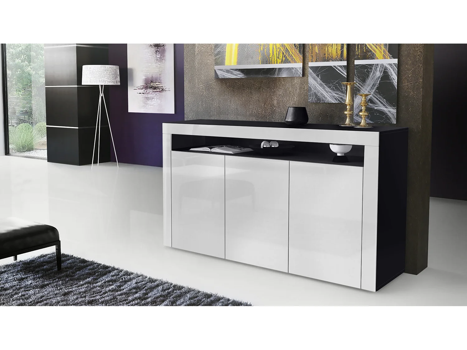 Vladon Cajonera Valencia, Cómoda con 3 Puertas y 1 Compartimento abierto, Negro mate/blanco de alto brillo/blanco de alto brillo (155 x 92 x 40 cm)