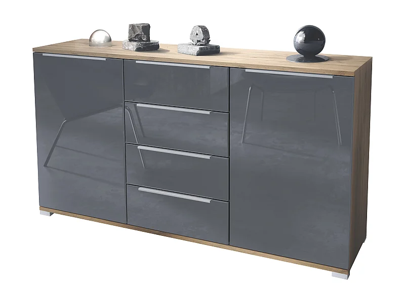 Buffet Linio V1, Enfilade avec 2 portes et 4 tiroirs, Chêne Evoke / gris haute brillance (138,5 x 75,5 x 35 cm)