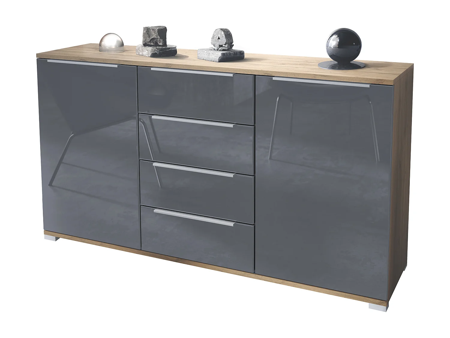 Buffet Linio V1, Enfilade avec 2 portes et 4 tiroirs, Chêne Evoke / gris haute brillance (138,5 x 75,5 x 35 cm)
