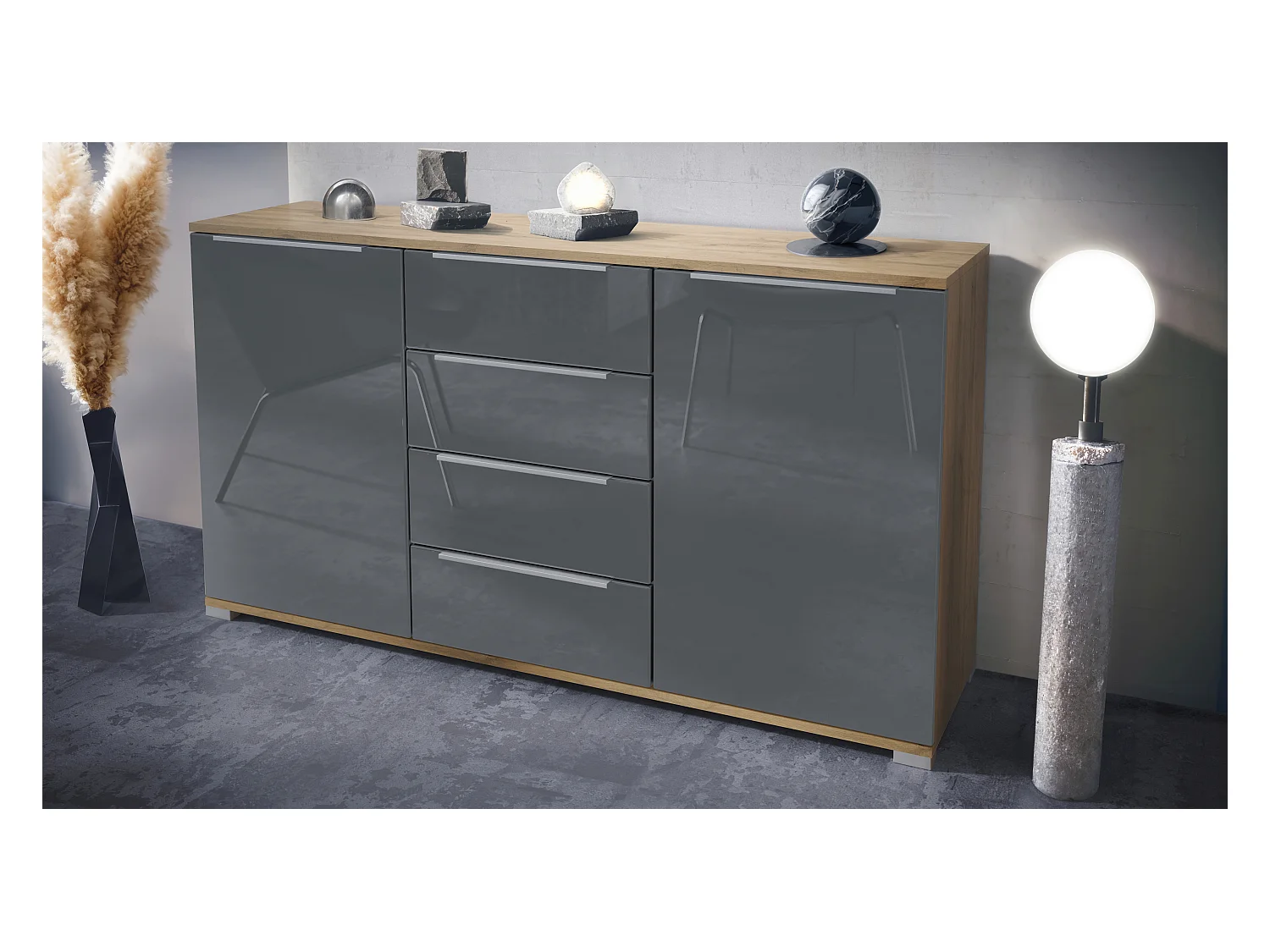 Buffet Linio V1, Enfilade avec 2 portes et 4 tiroirs, Chêne Evoke / gris haute brillance (138,5 x 75,5 x 35 cm)