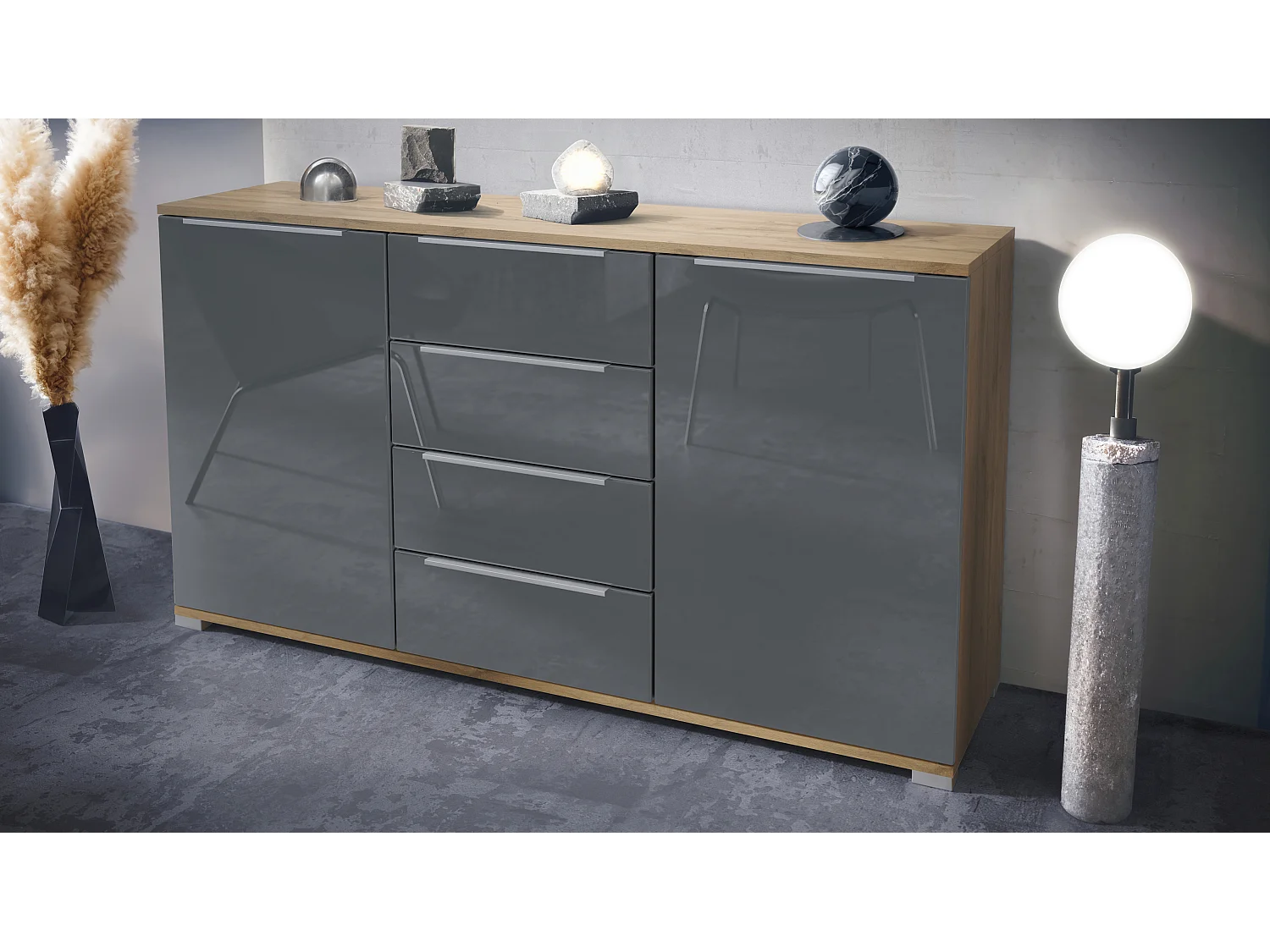 Buffet Linio V1, Enfilade avec 2 portes et 4 tiroirs, Chêne Evoke / gris haute brillance (138,5 x 75,5 x 35 cm)