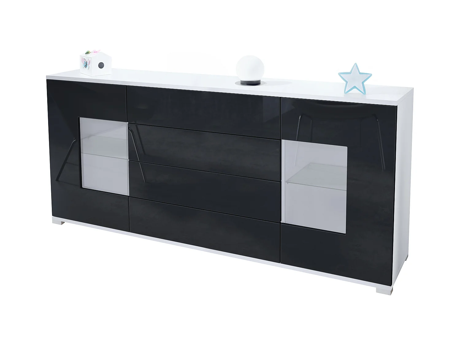 Buffet Grömitz V2 – Meuble avec 2 Grandes Portes et 4 Tiroirs, blanc mat/noir haute brillance (166,5 x 75,5 x 35)