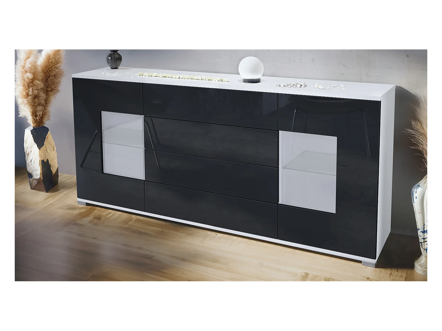 Buffet Grömitz V2 – Meuble avec 2 Grandes Portes et 4 Tiroirs, blanc mat/noir haute brillance (166,5 x 75,5 x 35)