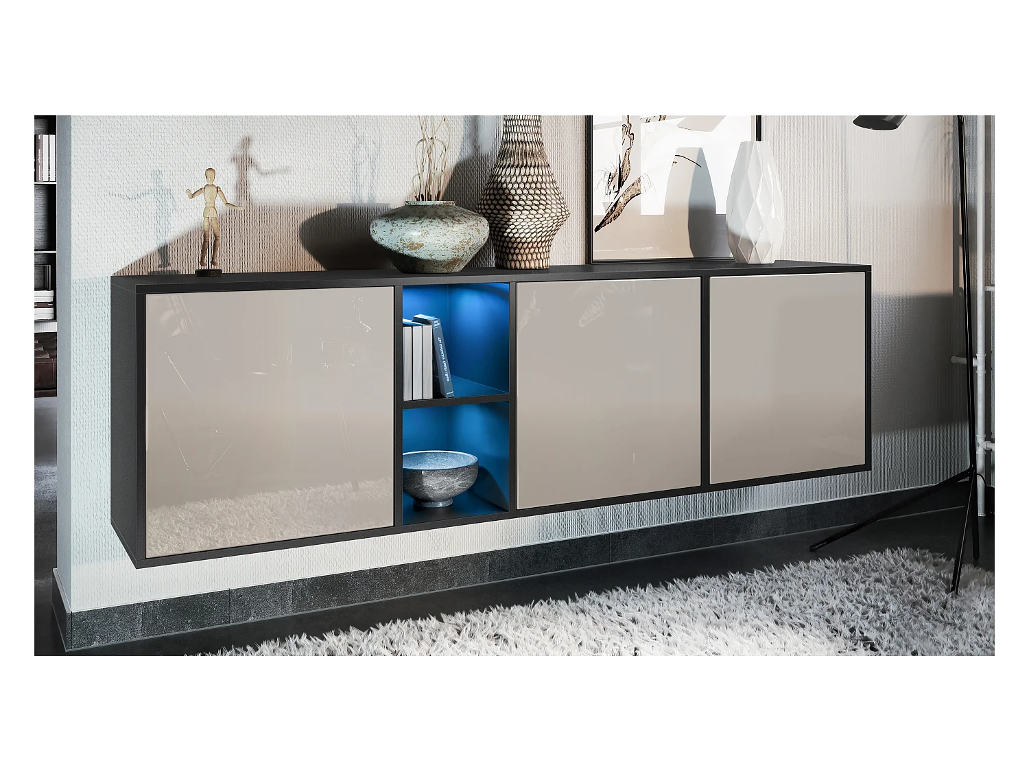 Commode Cuba - noir mat/gris sable haute brillance - Buffet moderne pour votre salon - (LxHxP) 182x53x35 cm