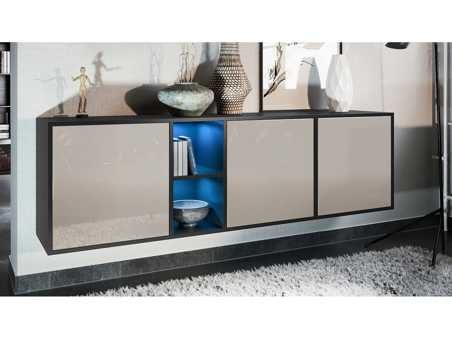 SIDEBOARD Cuba Türen in Sandgrau Hochglanz