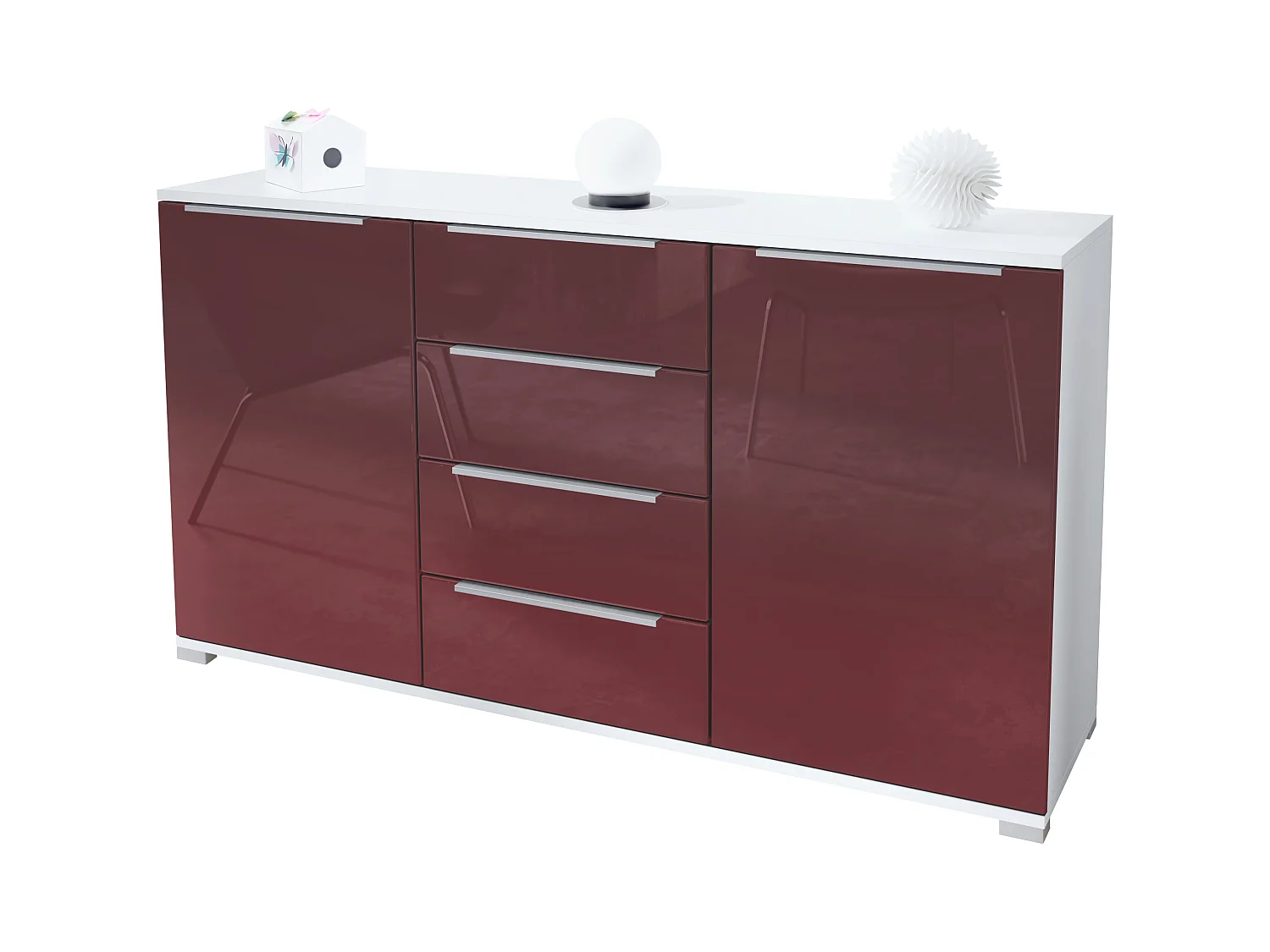 Buffet Linio V1, Enfilade avec 2 portes et 4 tiroirs, blanc mat / bordeaux haute brillance (138,5 x 75,5 x 35 cm)