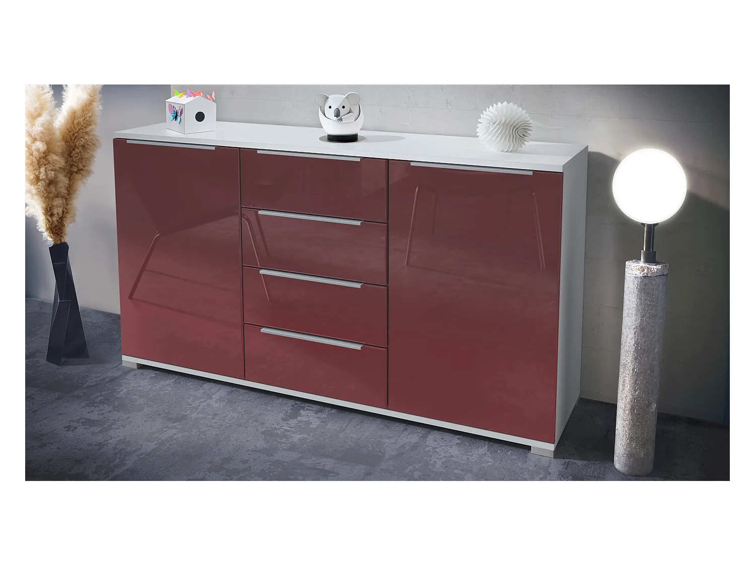 Buffet Linio V1, Enfilade avec 2 portes et 4 tiroirs, blanc mat / bordeaux haute brillance (138,5 x 75,5 x 35 cm)
