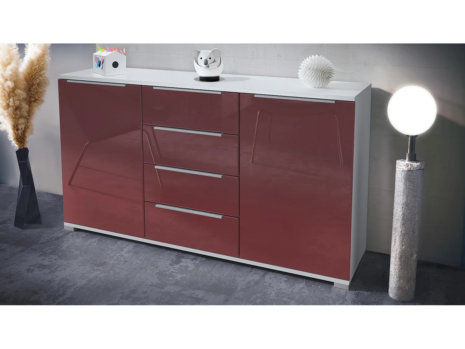 Buffet Linio V1, Enfilade avec 2 portes et 4 tiroirs, blanc mat / bordeaux haute brillance (138,5 x 75,5 x 35 cm)