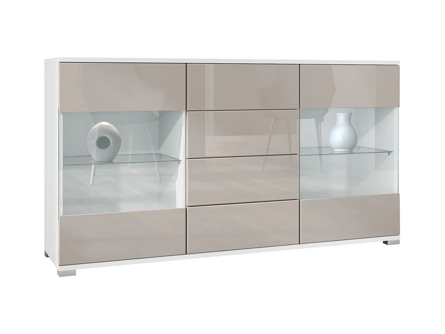 Buffet Bari V1 – Meuble avec 2 Grandes Portes et 4 Tiroirs, blanc mat/gris sable haute brillance (138,5 x 75,5 x 35)