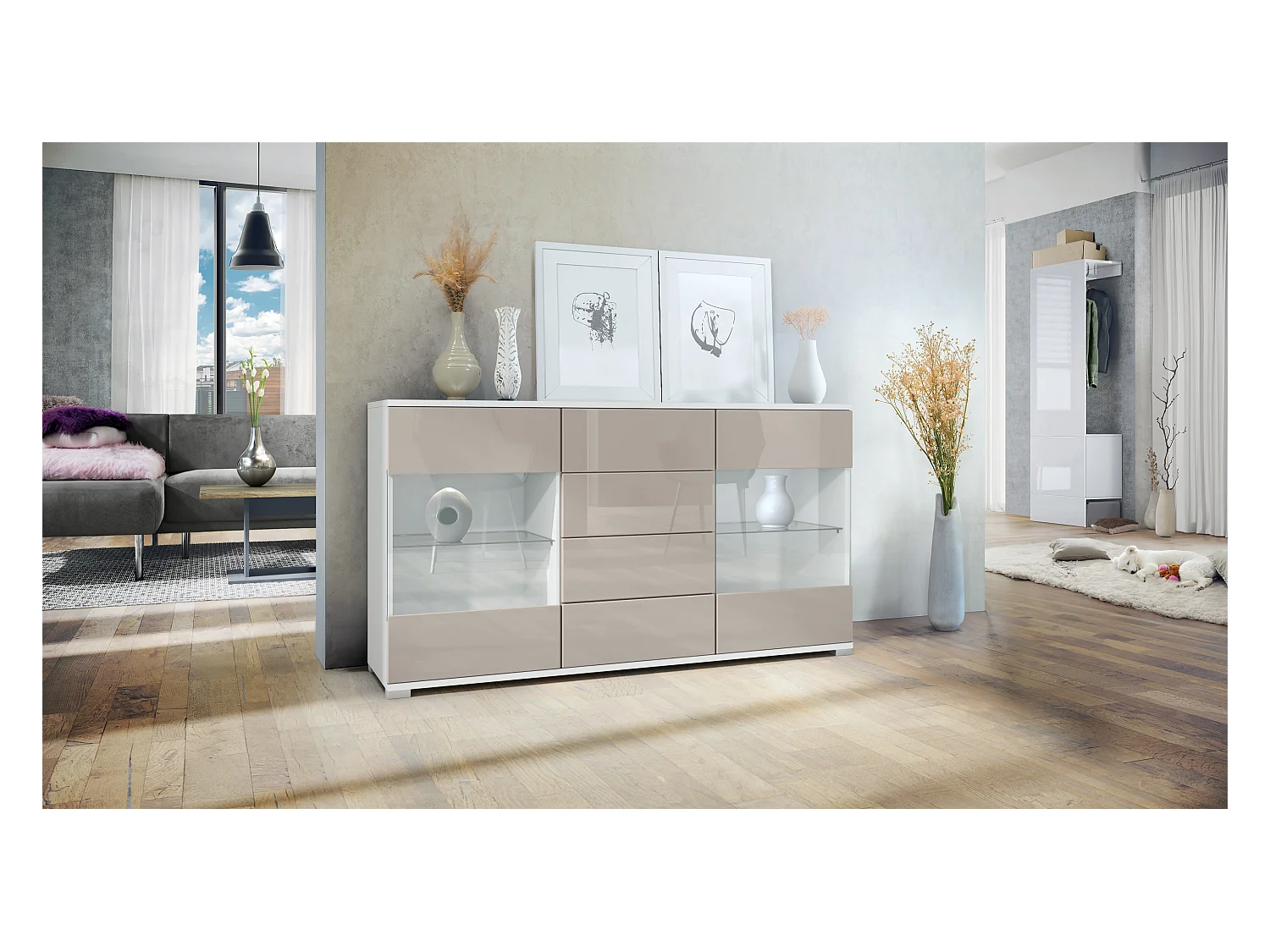 Buffet Bari V1 – Meuble avec 2 Grandes Portes et 4 Tiroirs, blanc mat/gris sable haute brillance (138,5 x 75,5 x 35)