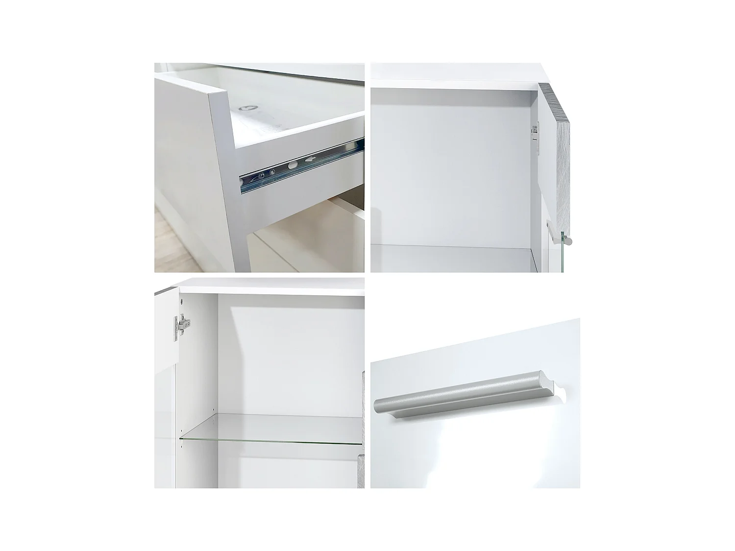 Buffet Bari V1 – Meuble avec 2 Grandes Portes et 4 Tiroirs, blanc mat/gris sable haute brillance (138,5 x 75,5 x 35)