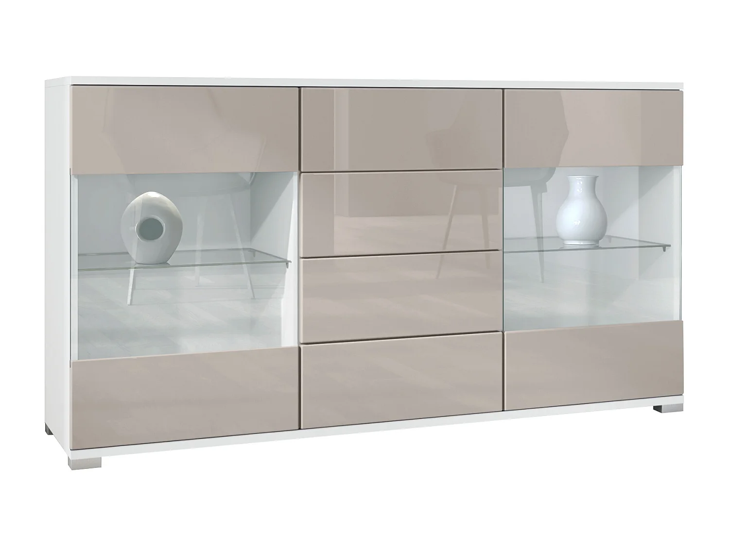 Buffet Bari V1 – Meuble avec 2 Grandes Portes et 4 Tiroirs, blanc mat/gris sable haute brillance (138,5 x 75,5 x 35)