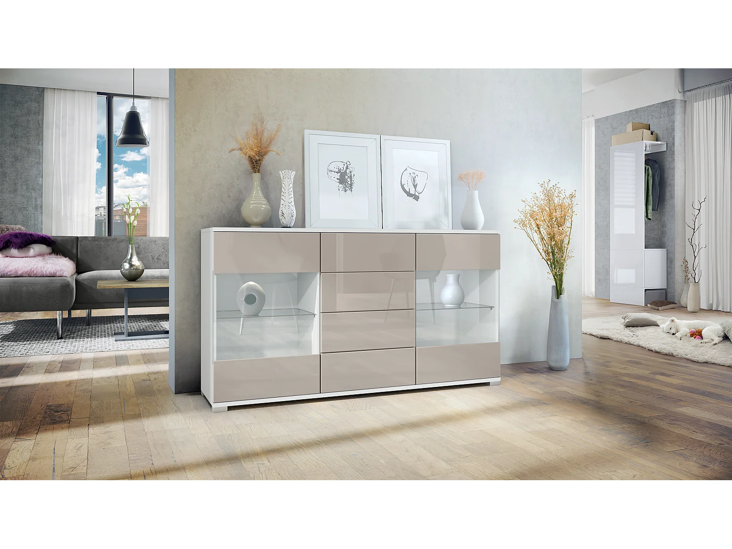 Buffet Bari V1 – Meuble avec 2 Grandes Portes et 4 Tiroirs, blanc mat/gris sable haute brillance (138,5 x 75,5 x 35)