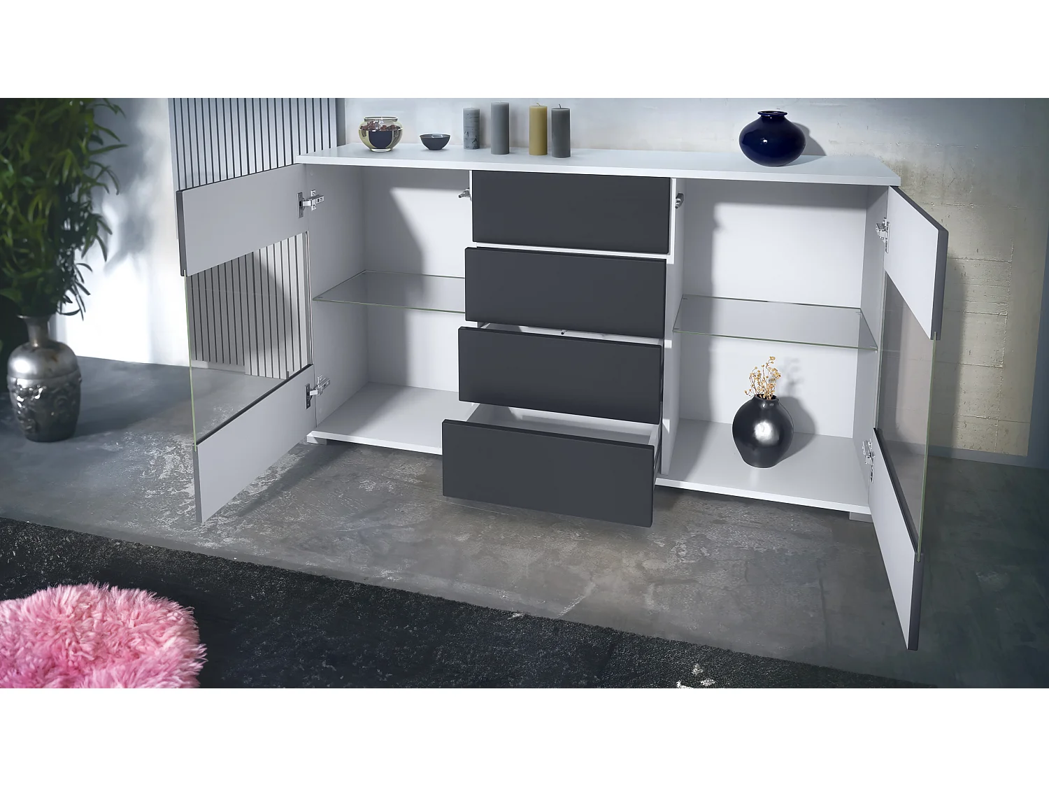 Buffet Bari V1 – Meuble avec 2 Grandes Portes et 4 Tiroirs, blanc mat/gris sable haute brillance (138,5 x 75,5 x 35)