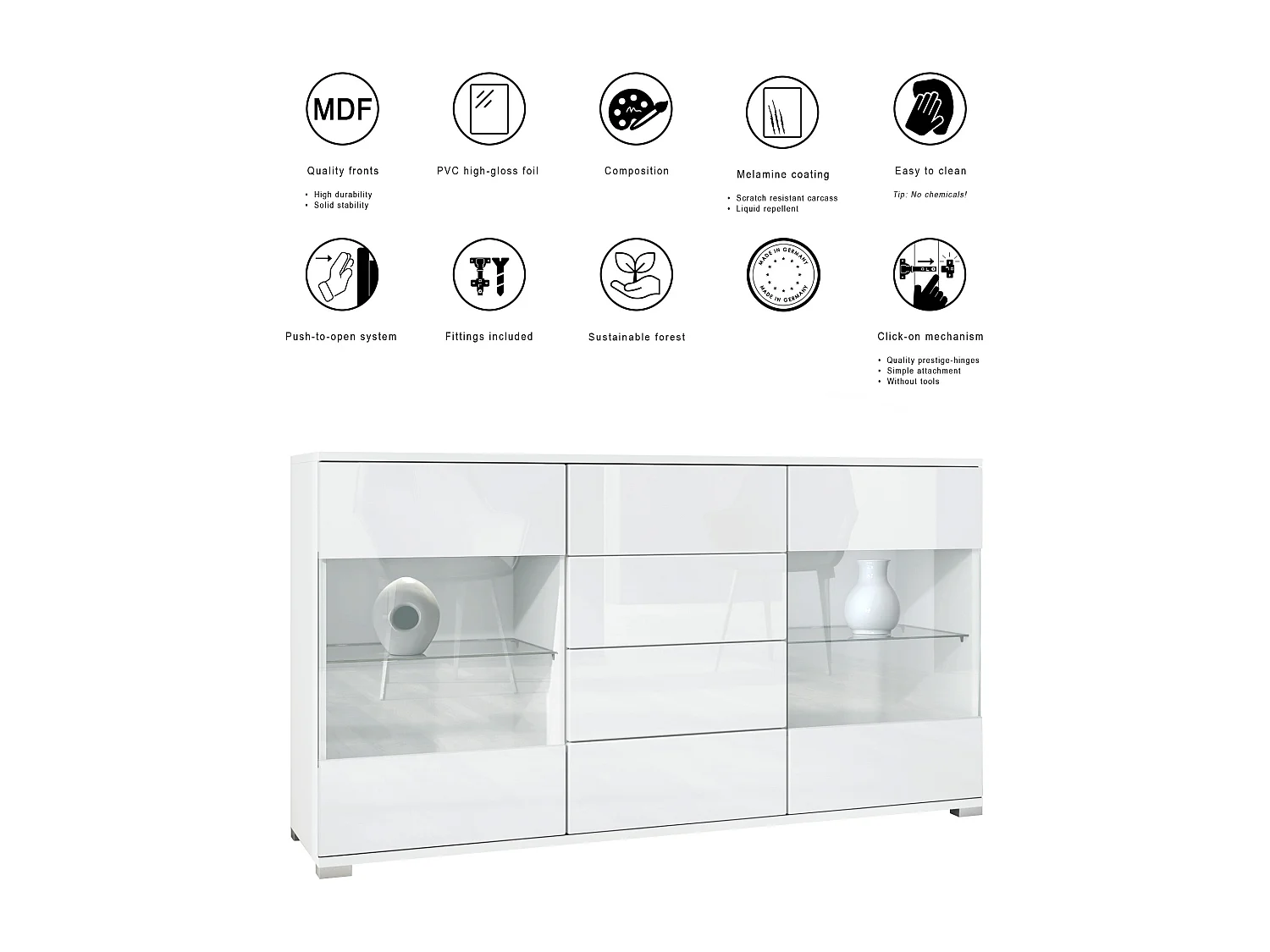 Buffet Bari V1 – Meuble avec 2 Grandes Portes et 4 Tiroirs, blanc mat/gris sable haute brillance (138,5 x 75,5 x 35)