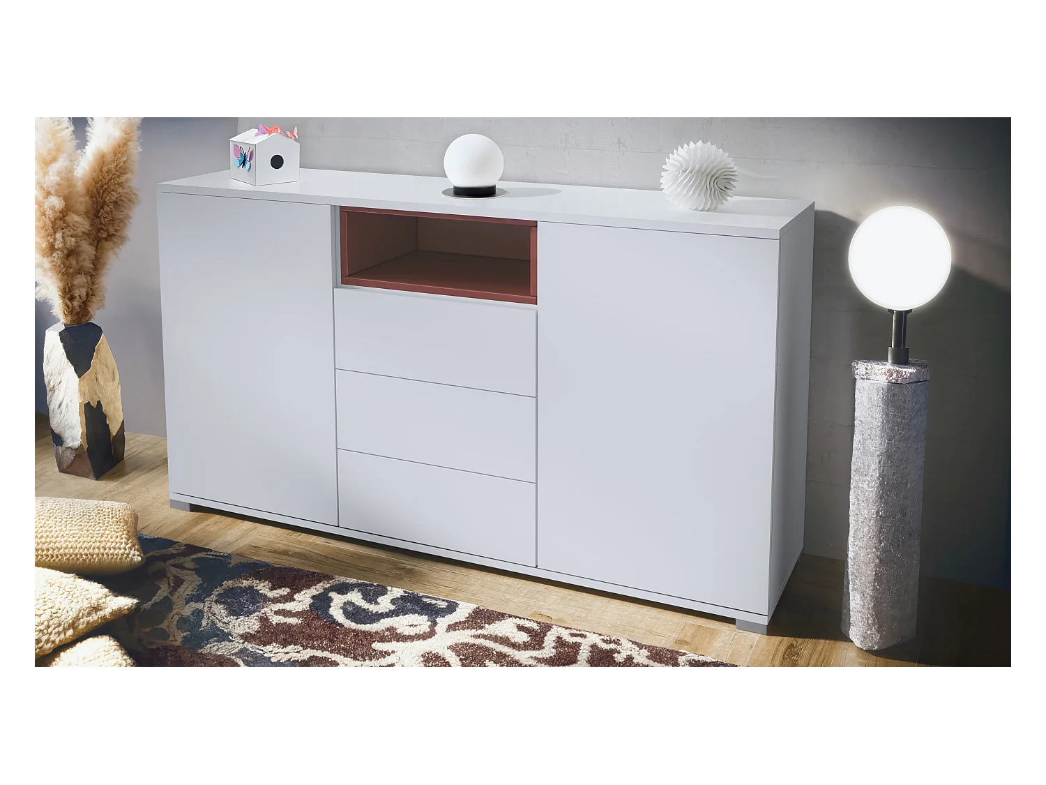 Skadu V2 Buffet, Commode avec 2 portes, 3 tiroirs et 1 compartiment ouvert, blanc mat/bordeaux haute brillance (138,5 x 75,5 x 35 cm)