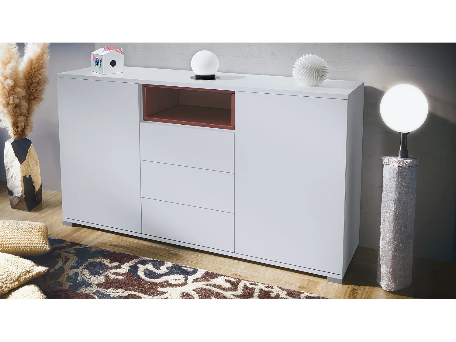 Skadu V2 Buffet, Commode avec 2 portes, 3 tiroirs et 1 compartiment ouvert, blanc mat/bordeaux haute brillance (138,5 x 75,5 x 35 cm)