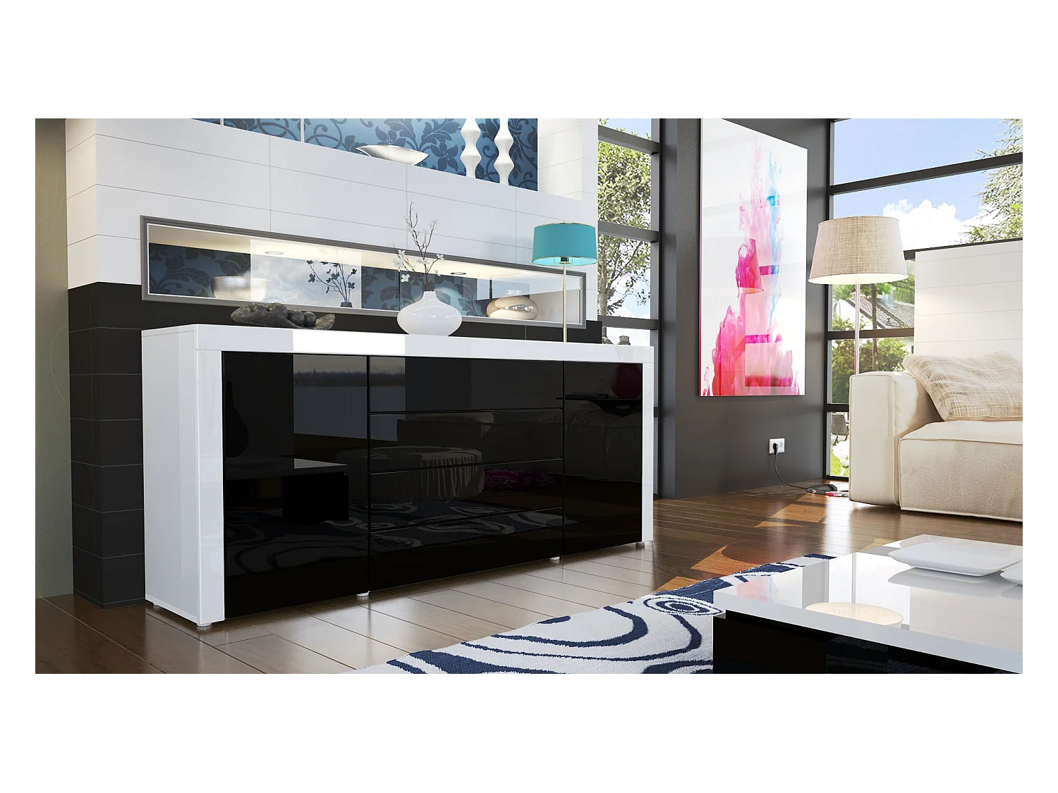 Buffet commode La Paz, Corps en Blanc haute brillance / Façades en noir haute brillance avec une bordure en blanc haute brillance