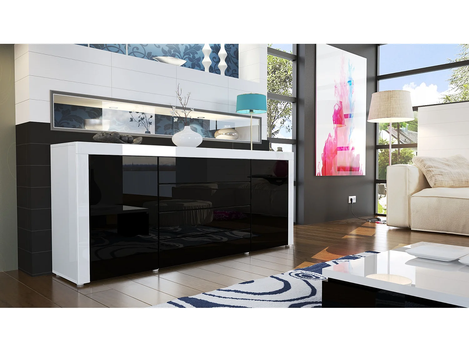 Cassettiera La Paz, struttura in bianco / frontale in nero lucido con cornice in bianco lucido.