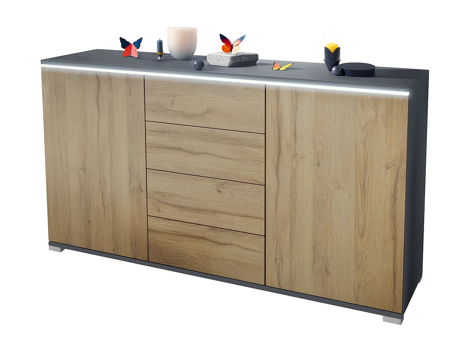 Buffet Faro V1 – Meuble avec 2 Portes & 4 Tiroirs, Armoire avec Bande LED Lumineuse, anthracite mat / chêne nature (138,5 x 75,5 x 35)