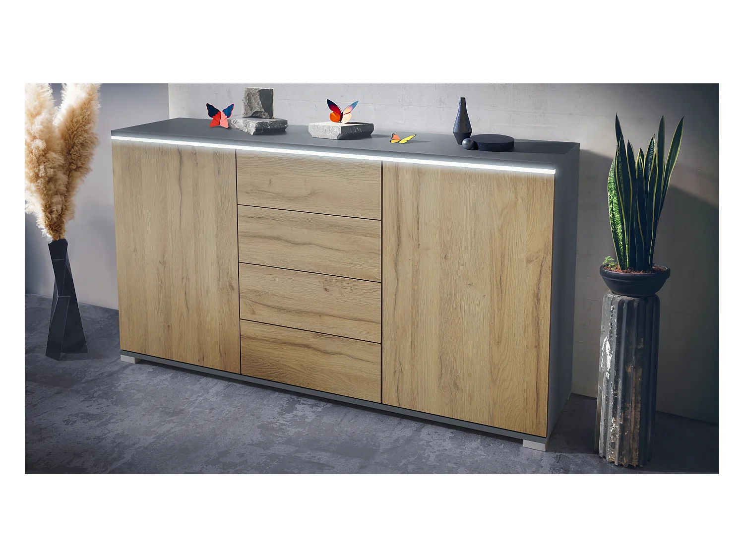 Buffet Faro V1 – Meuble avec 2 Portes & 4 Tiroirs, Armoire avec Bande LED Lumineuse, anthracite mat / chêne nature (138,5 x 75,5 x 35)