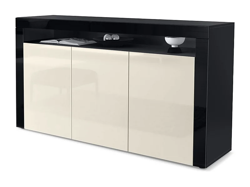 Buffet Valencia, Commode avec 3 portes et 1 compartiment ouvert, Noir mat/crème haute brillance/noir haute brillance (155 x 92 x 40 cm)