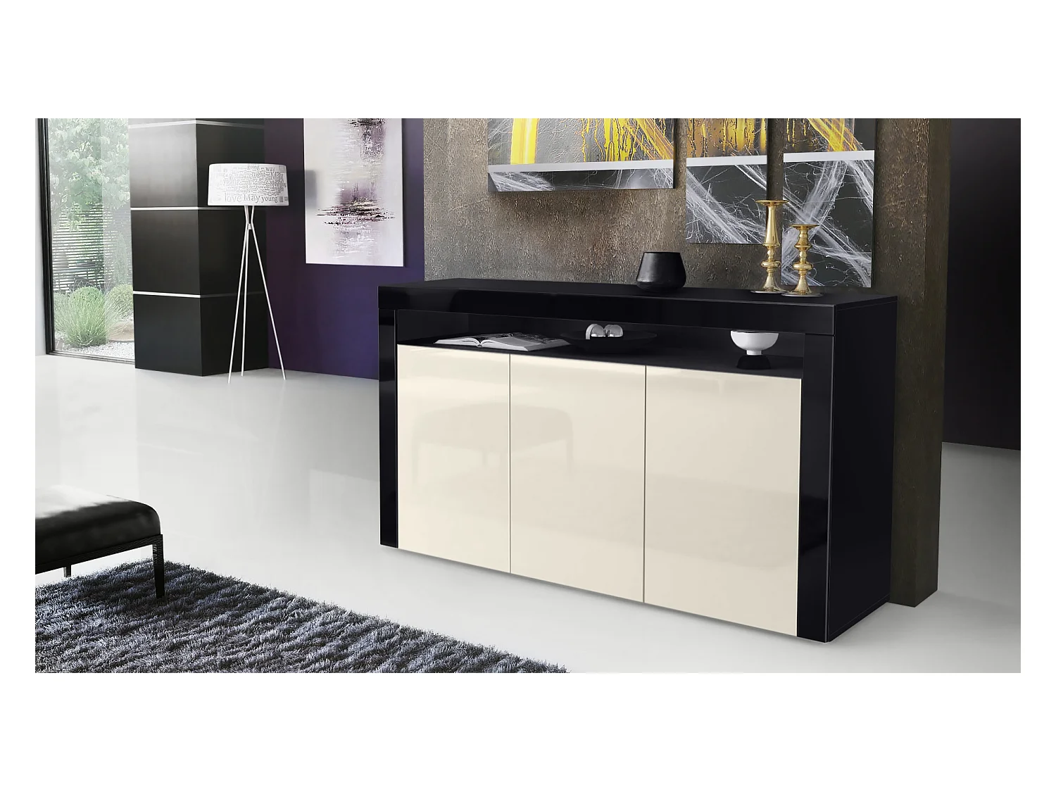 Buffet Valencia, Commode avec 3 portes et 1 compartiment ouvert, Noir mat/crème haute brillance/noir haute brillance (155 x 92 x 40 cm)