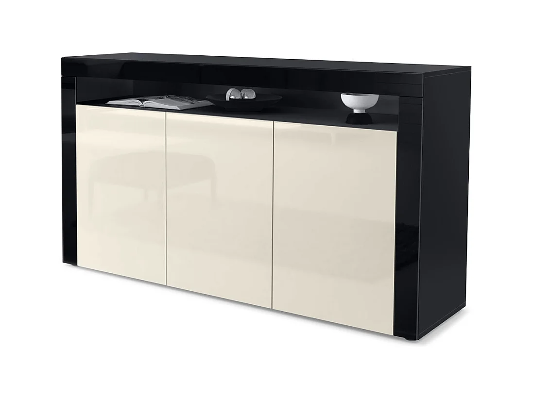 Buffet Valencia, Commode avec 3 portes et 1 compartiment ouvert, Noir mat/crème haute brillance/noir haute brillance (155 x 92 x 40 cm)