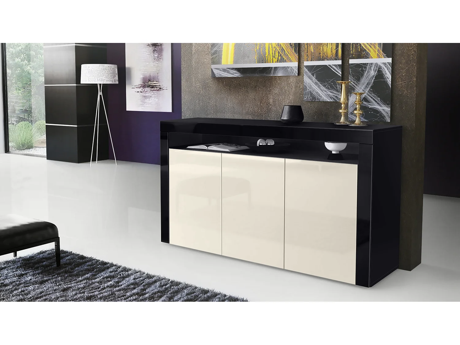 Vladon Cajonera Valencia, Cómoda con 3 Puertas y 1 Compartimento abierto, Negro mate/crema de alto brillo/negro de alto brillo (155 x 92 x 40 cm)