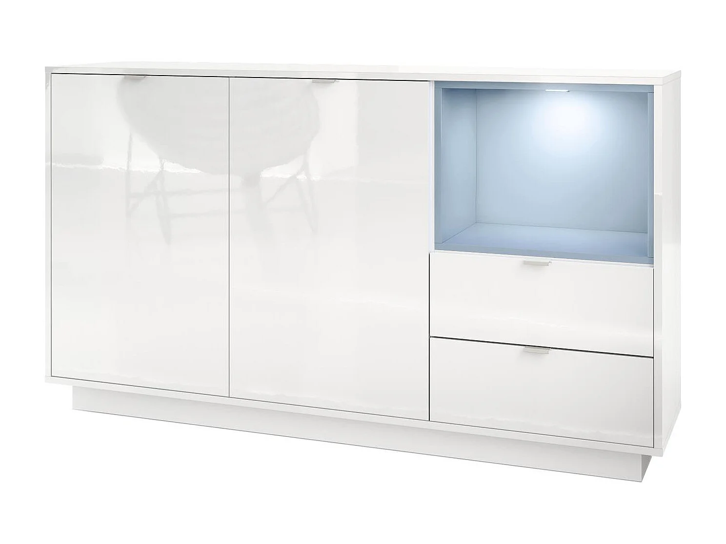 Buffet Armoire Metro, Corps en Blanc haute brillance / Façades en Blanc haute brillance avec une insertion en Denim mat, incl. L'éclairage LED